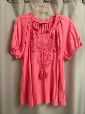 Style & Co. Coral Pink Embroidered Tassel Peasant Tunic